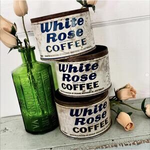 Vintage Shabby White Rose Coffee Tin Can Seeman NYC Advertising No Lids ONE